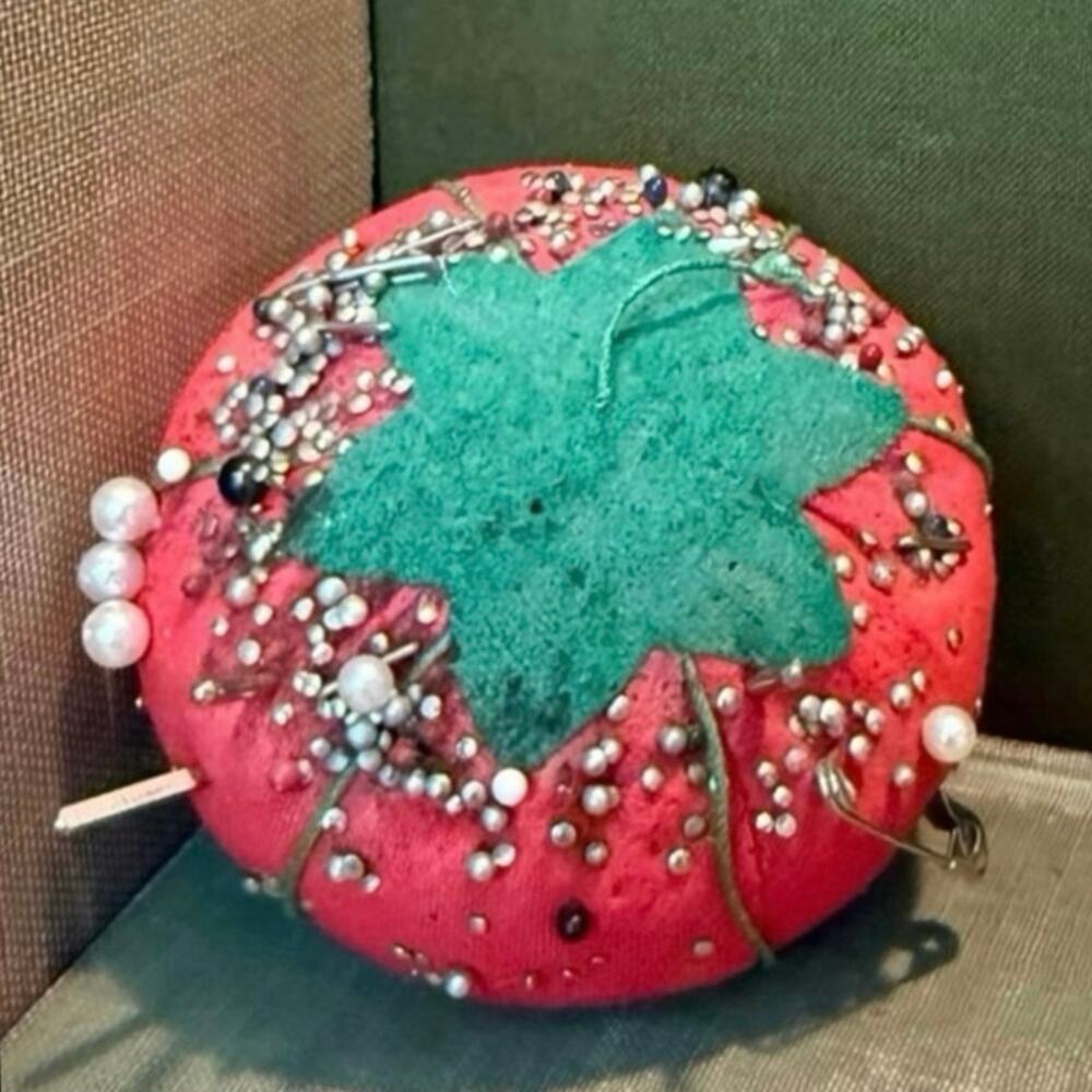 Vintage Tomato Pin Cushion • Fully Loaded • Estate Pins
